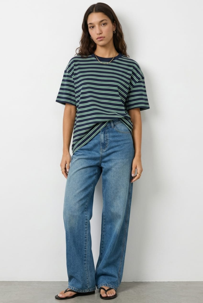 Ally Fashion Green Stripe Oversized Tee Short Sleeve