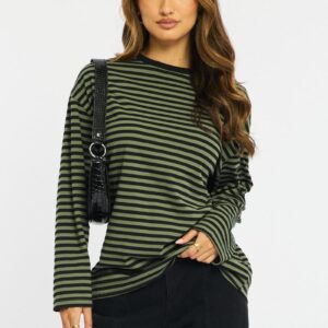 Green Stripe Striped Top Crew Neck Long Sleeve
