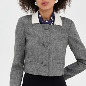 Self Portrait Grey Herringbone Scarf Detail Jacket