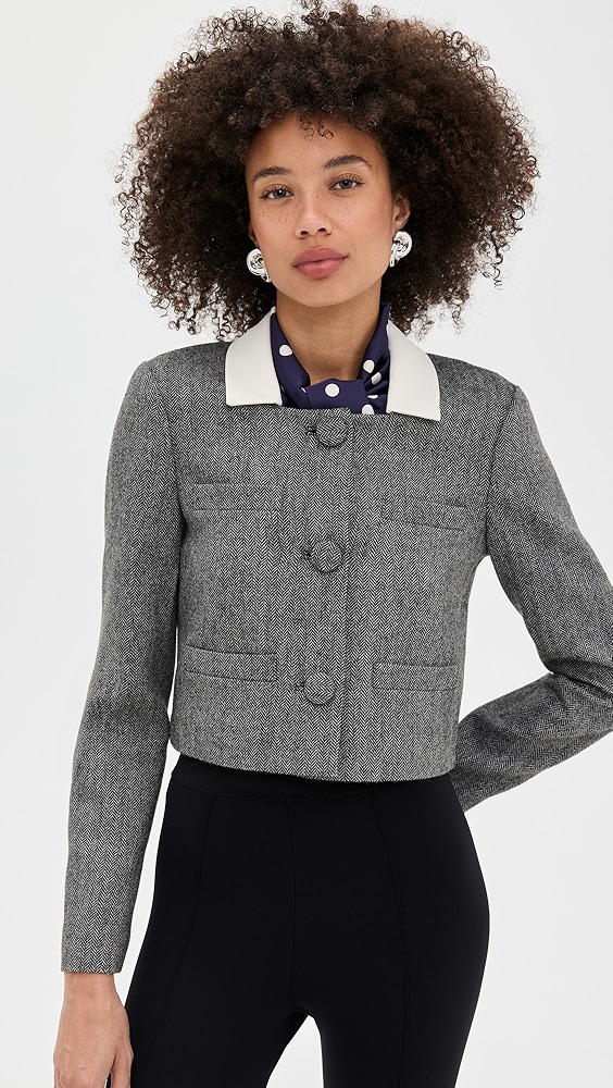 Self Portrait Grey Herringbone Scarf Detail Jacket