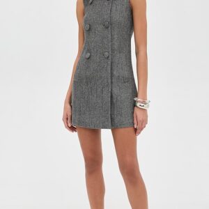 Grey Herringbone Scarf Detail Mini Dress