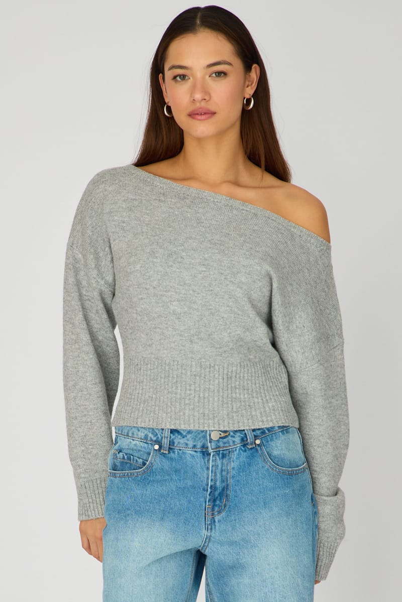 Ally Fashion Grey Knit Top Off Shoulder Long Sleeve
