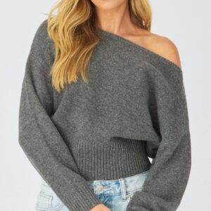 Grey Knit Top Off Shoulder Long Sleeve