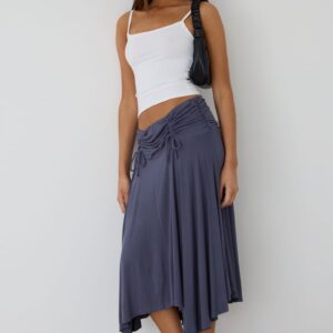 Grey Ruched Midi Skirt Elastic Waist Scarf Hem