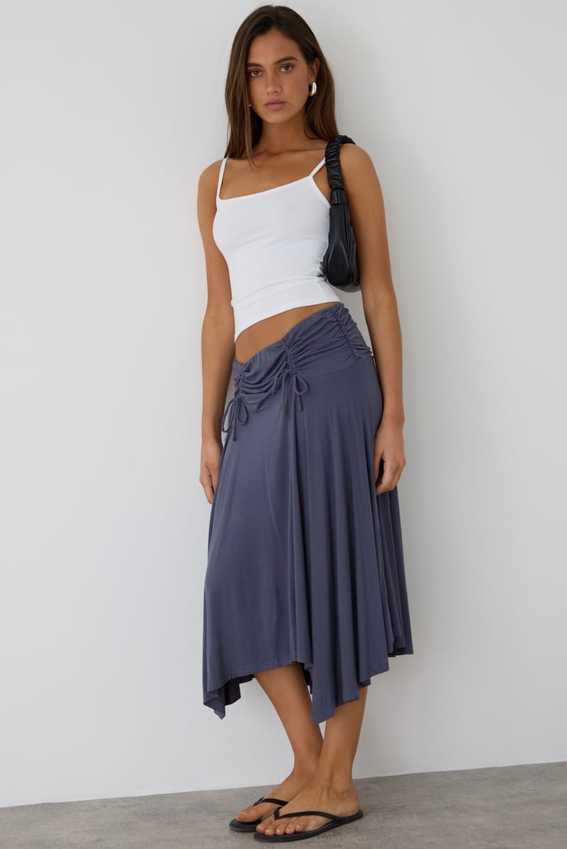 Ally Fashion Grey Ruched Midi Skirt Elastic Waist Scarf Hem