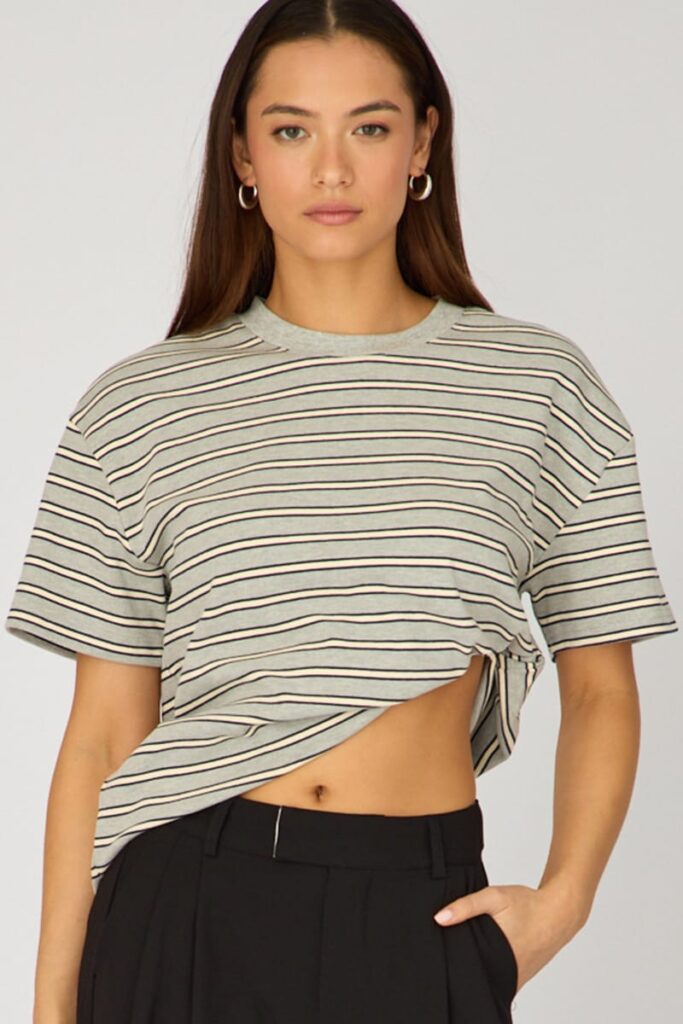 Ally Fashion Grey Stripe Oversized Tee Short Sleeve