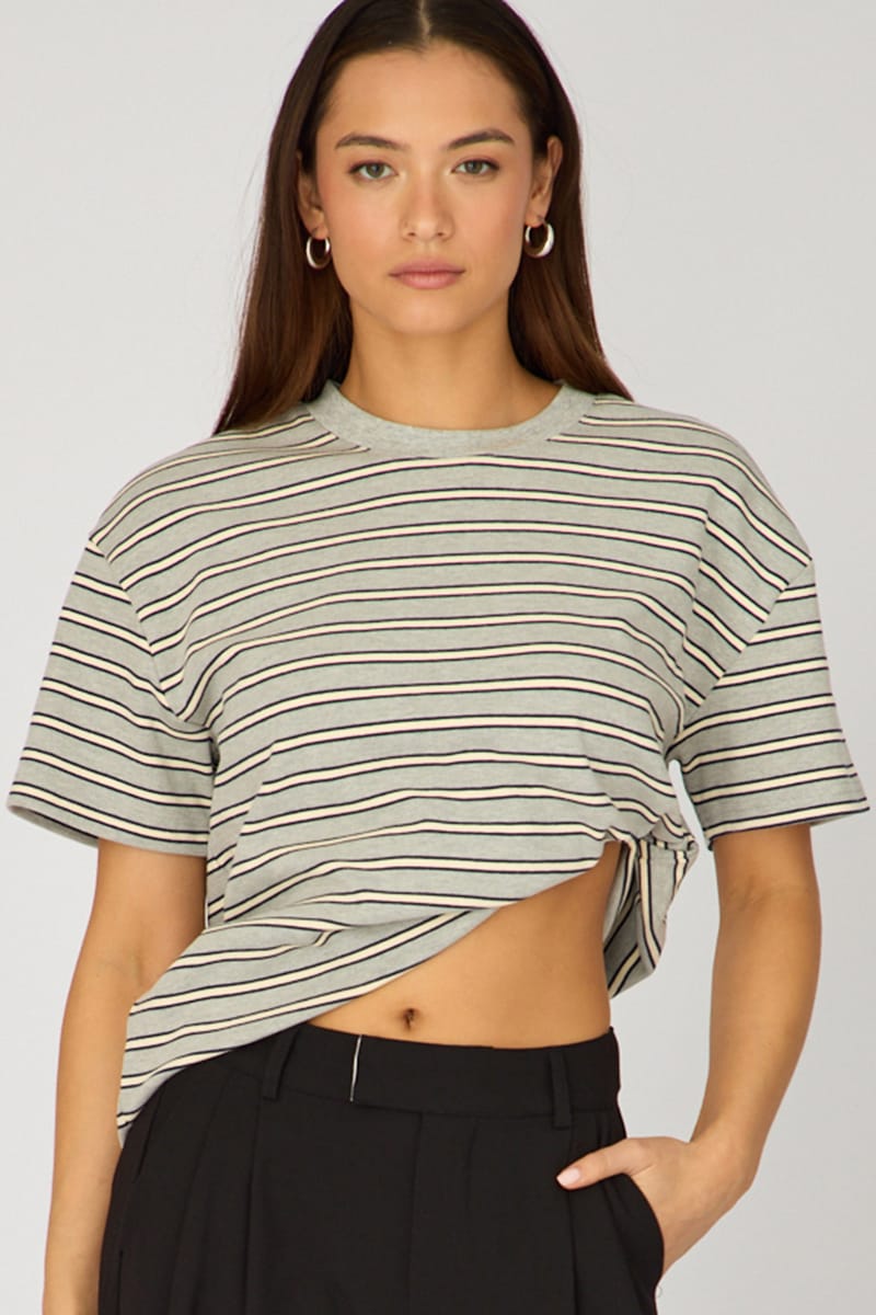 Ally Fashion Grey Stripe Oversized Tee Short Sleeve