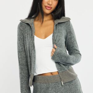 Grey Zip Through Cardigan Soft Touch