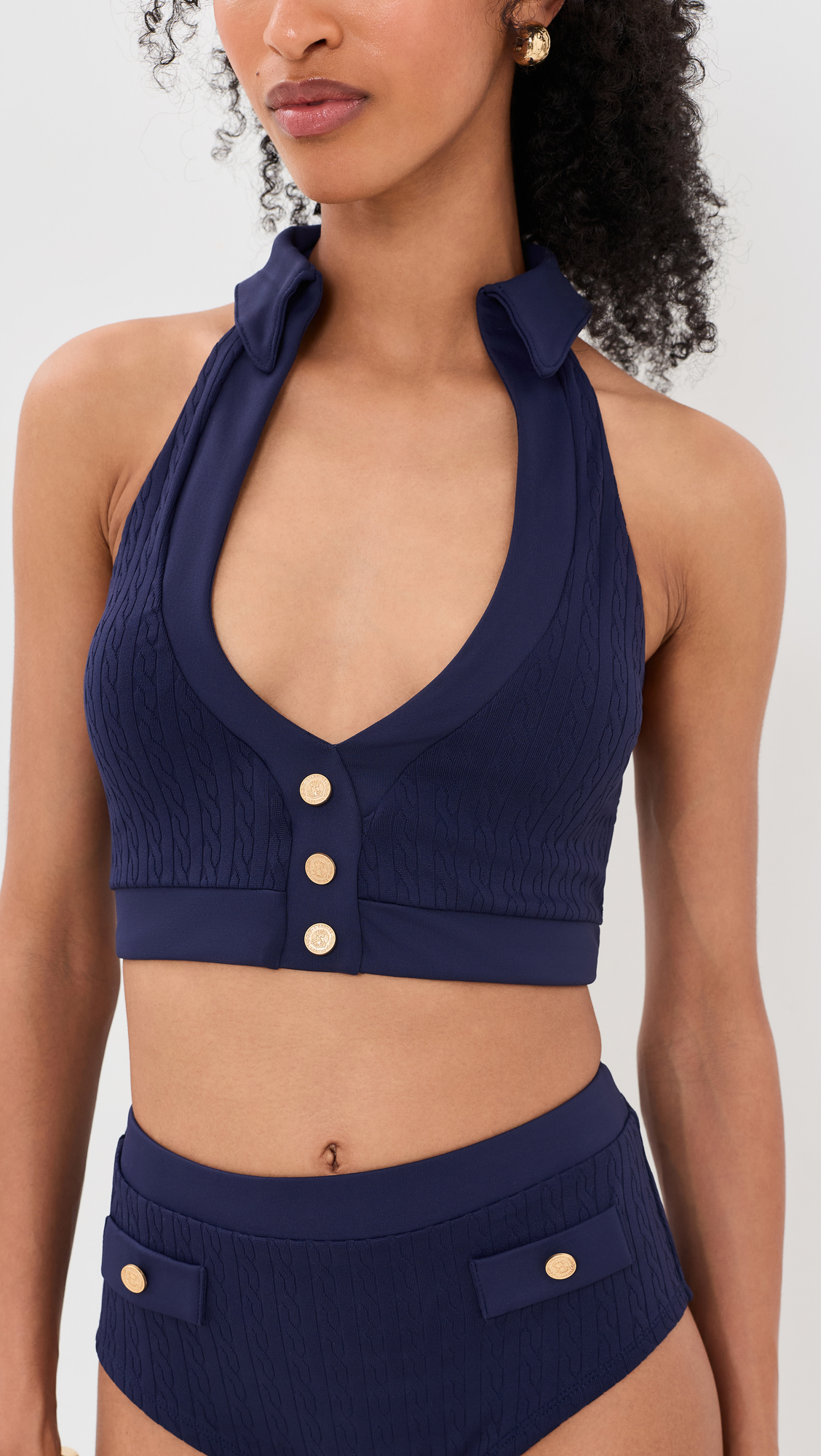 L'AGENCE Halter Swim Top with Gold Branded Buttons
