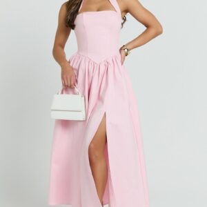 Showpo Helda Midi Dress - Halter Tie Neck Corset Panel Dress in Pink