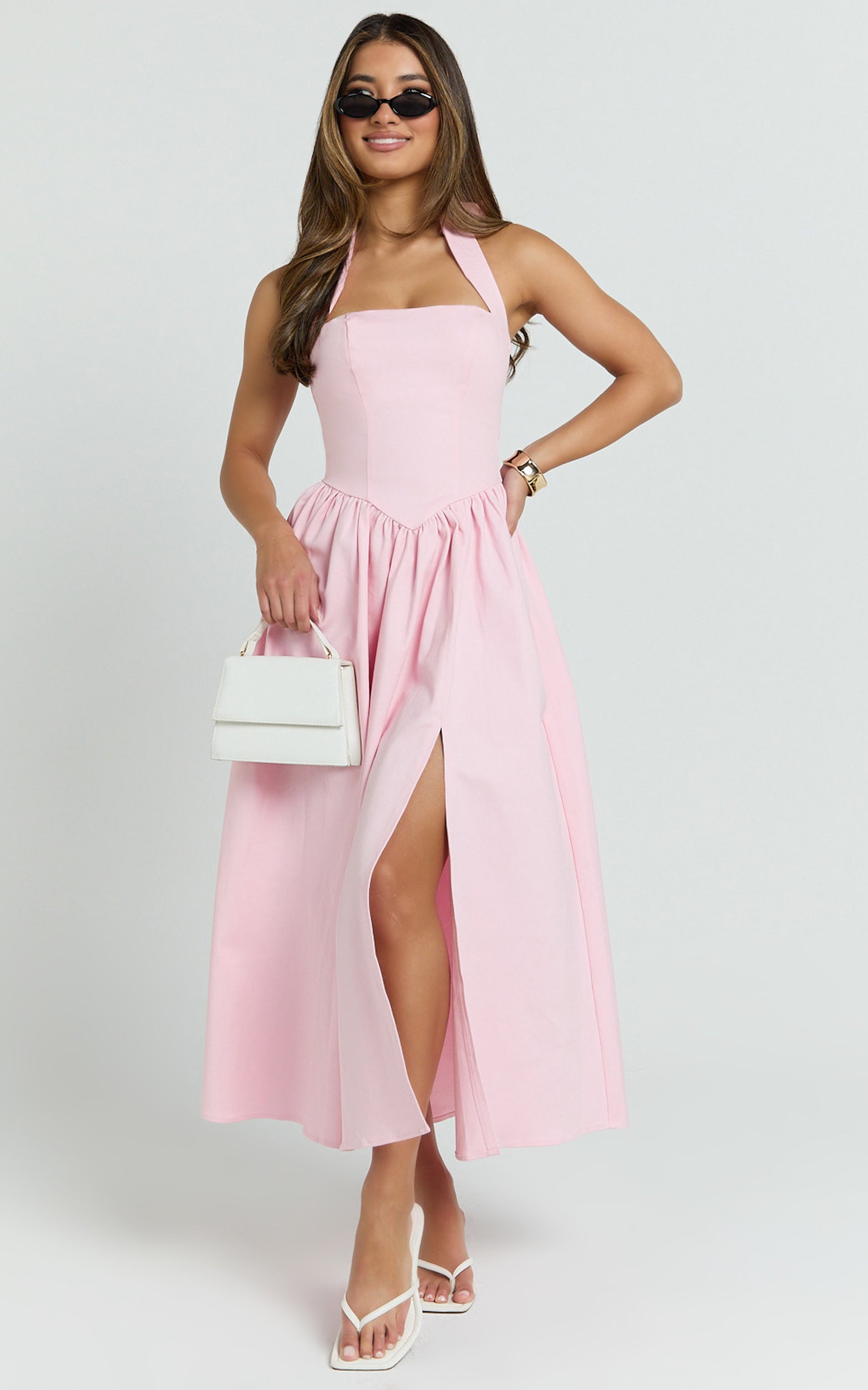 Showpo Helda Midi Dress - Halter Tie Neck Corset Panel Dress in Pink