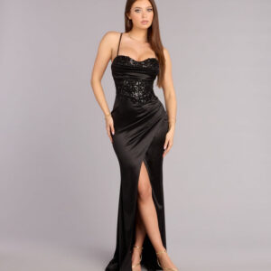 Windsor Helga Satin Beaded Lace-Up Formal Dress Helga Satin Beaded Lace-Up Formal Dress