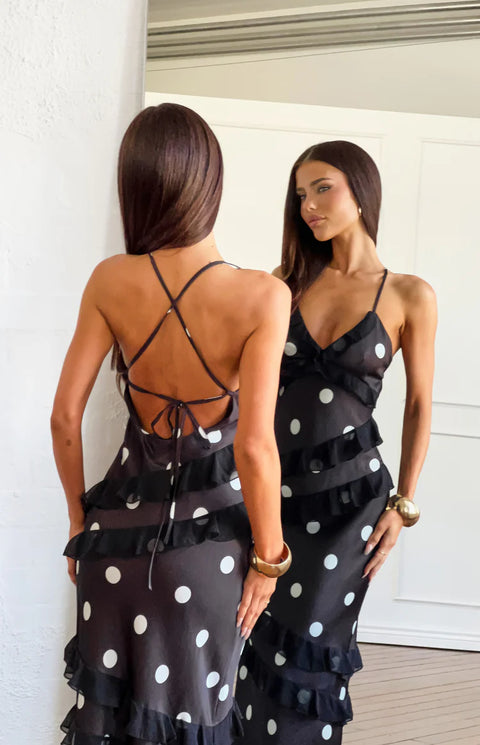 BB Exclusive Inara Black Polka Dot Ruffle Maxi Dress