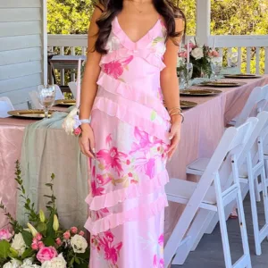 BB Exclusive Inara Pink Floral Print Ruffle Prom Dress Inara Pink Floral Print Ruffle Prom Dress