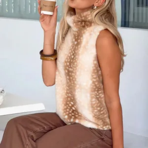 BB Exclusive Isolde Brown Deer Print High Neck Fur Top