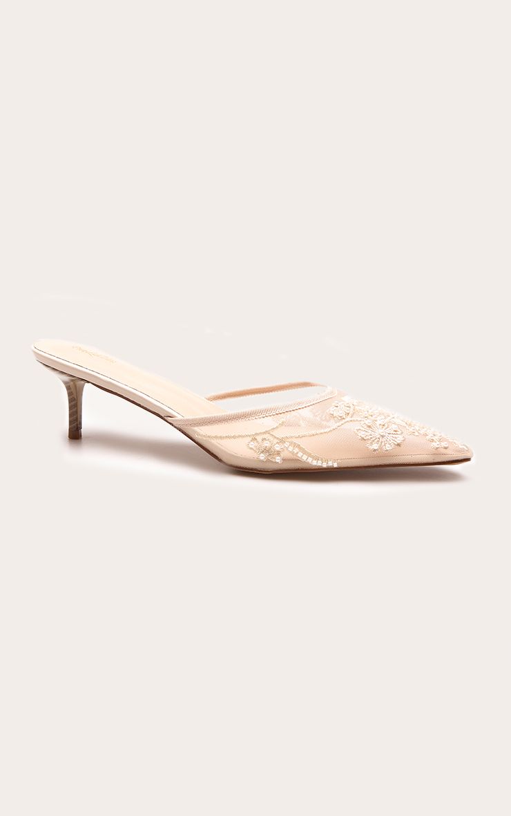 PrettyLittleThing Ivory Mesh Sequin Snip Toe Kitten Heel Mule