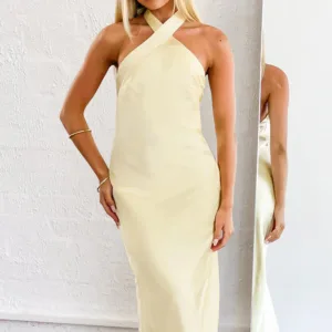 BB Exclusive Jasmine Yellow Halter Neck Formal Maxi Dress