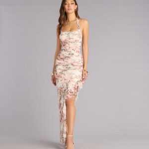 Josephine Floral Mesh Ruffled Slit Formal Dress