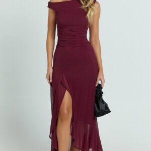 Showpo Judee Midi Dress - One Shoulder High Side Split Dress in Wine