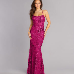 Kaelie Floral Sequin Open Back Mermaid Dress