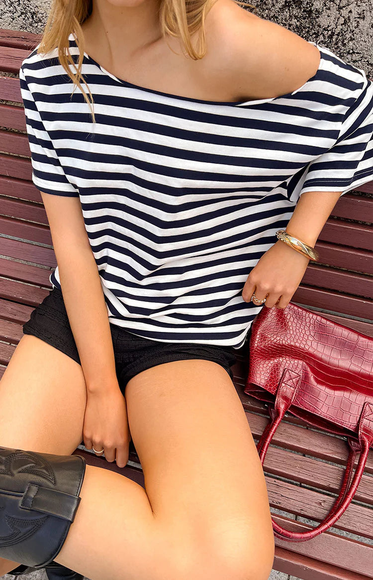 BB Exclusive Kaiser Navy Stripe Off Shoulder Oversized Top