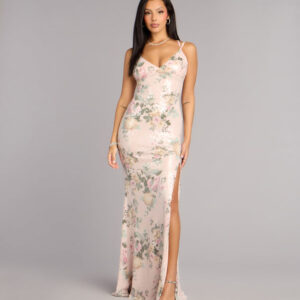 Kelsey Sequin Floral Slit Formal Dress