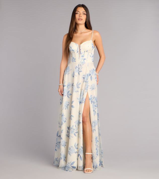 Windsor Kensie Floral Chiffon Slit Formal Dress
