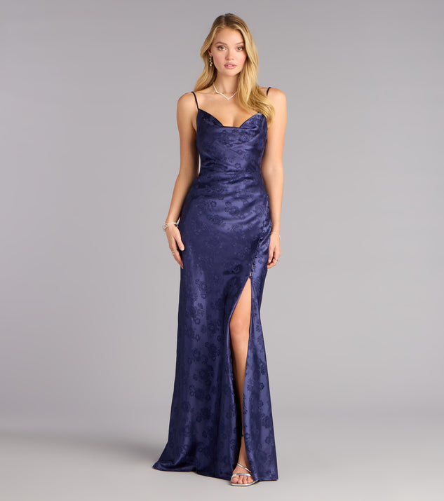 Windsor Kensie Satin Cowl Neck Slit Formal Dress