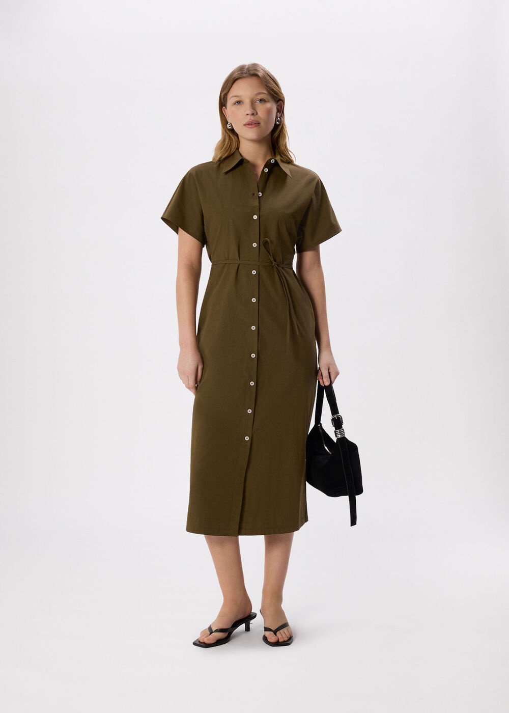 Khaki Cut Out Back Poplin Midi Dress - Image 3
