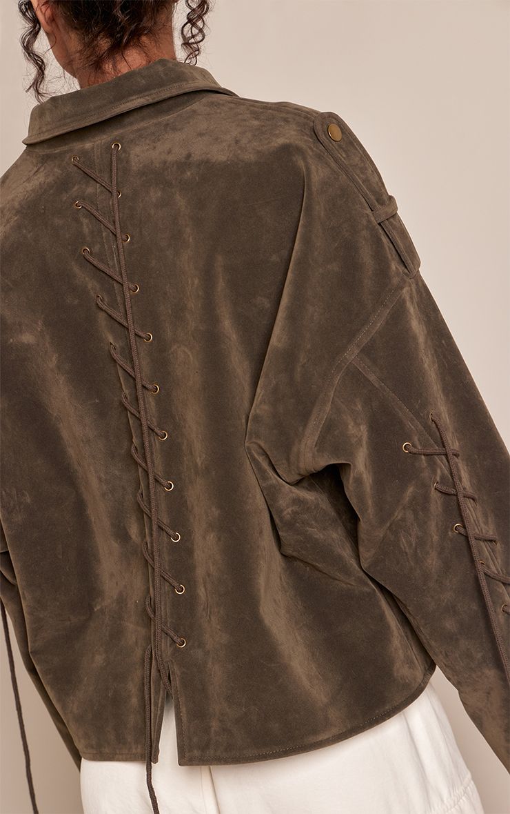PrettyLittleThing Khaki Lace Up Back Faux Suede Jacket