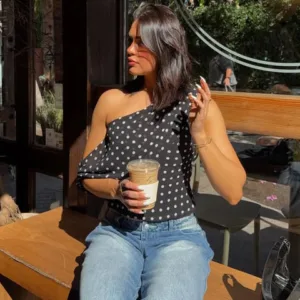 BB Exclusive Khamie Black Polka Dot Off Shoulder Top