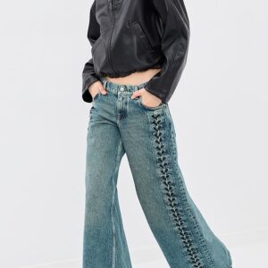 Laced Denim Wide Leg Jeans