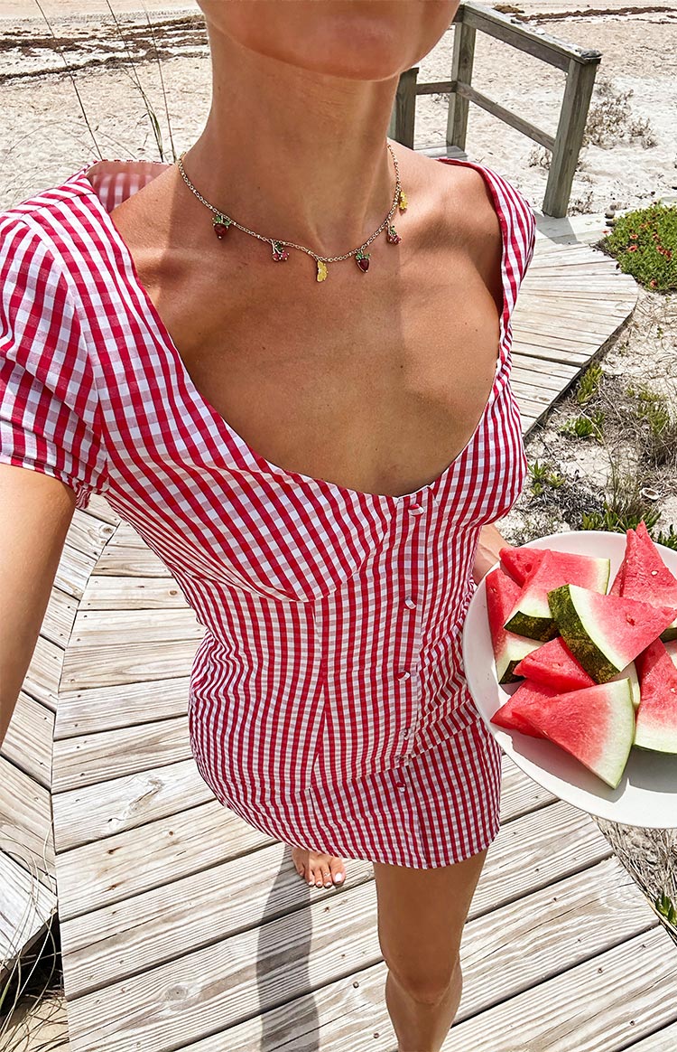 BB Exclusive Lauree Red Gingham Button Front Mini Dress