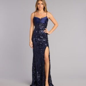Leslie Sequin Slit Formal Dress