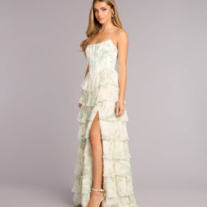 Windsor Lilyana Floral Chiffon Strapless Ruffle A-Line Dress Lilyana Floral Chiffon Strapless Ruffle A-Line Dress