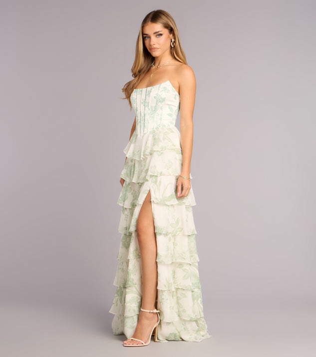 Windsor Lilyana Floral Chiffon Strapless Ruffle A-Line Dress