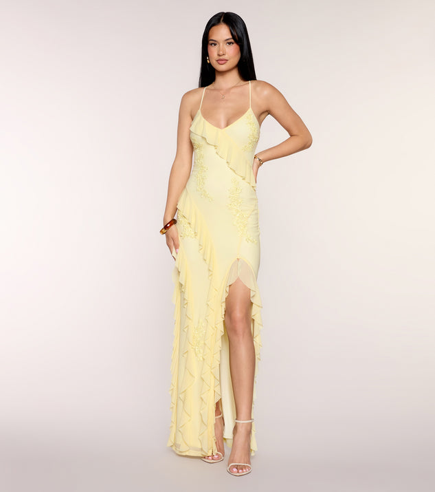 Windsor Lisi Mesh Applique Ruffle Formal Dress