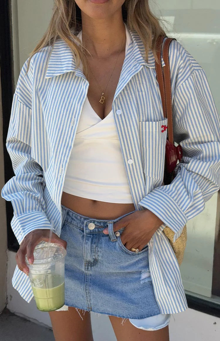 BB Exclusive Lola Blue Stripe Embroidered Button Up Shirt