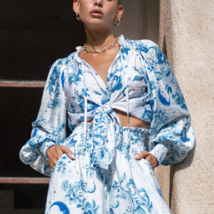 Lorellina Blue Floral Balloon Sleeve Blouse