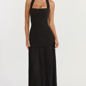 Showpo Loretta Maxi Dress - Contrast Halter Neck Pleated Dress in Black