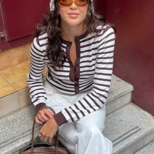 BB Exclusive Lottie Chocolate Stripe Round Neck Cardigan