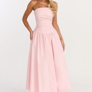Showpo Louisa Midi Dress - Strapless Side Ruched Dropped Waist Fit And Flare Dress in Pink