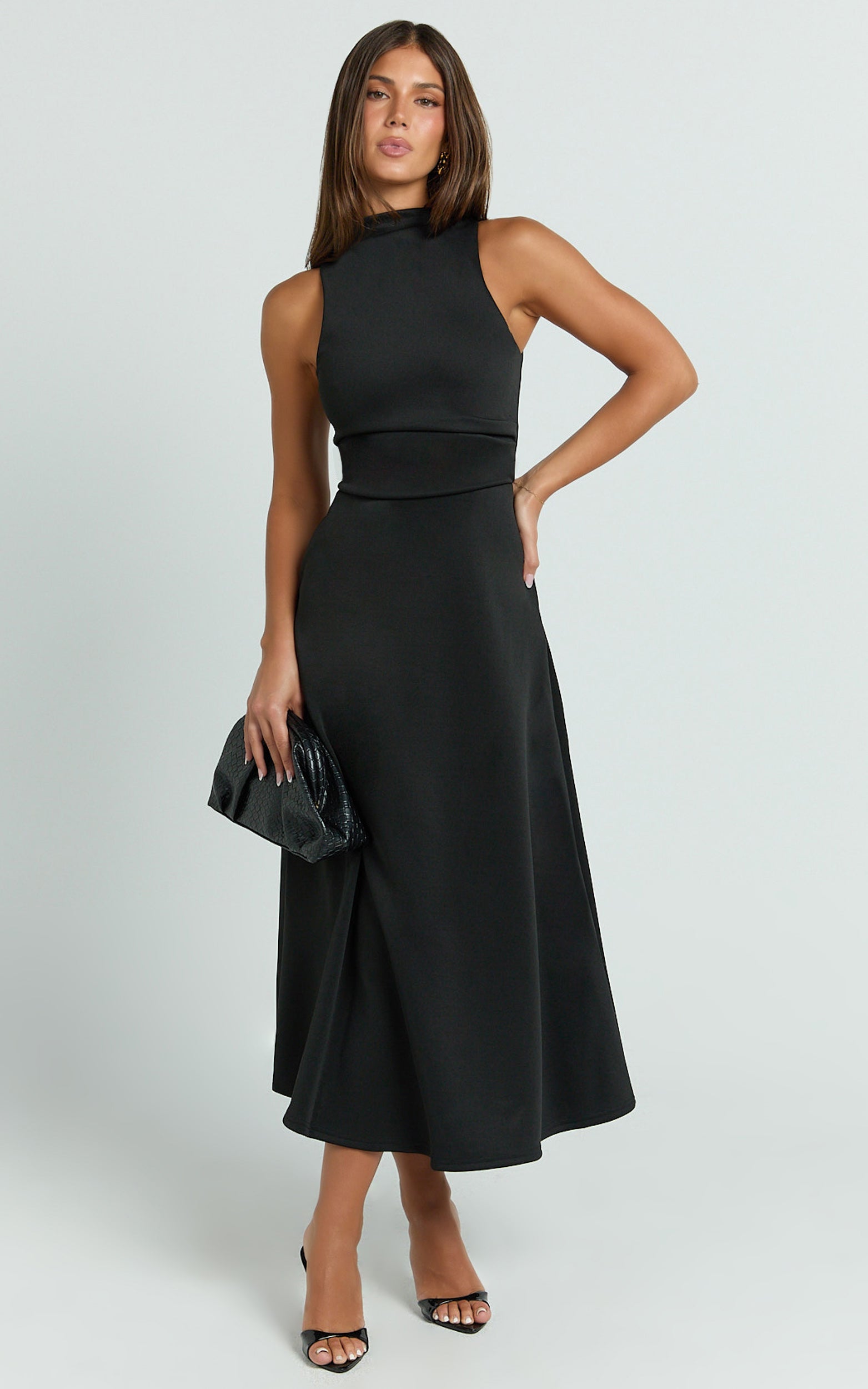 Showpo Macy Midi Dress - High Neck A Line Dress in Black