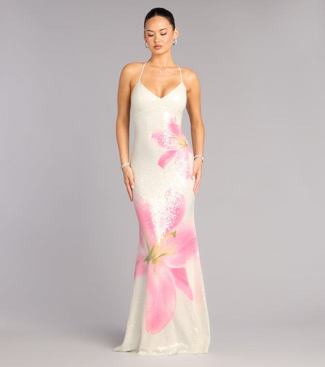 Windsor Maia Floral Print Sequin Mermaid Dress