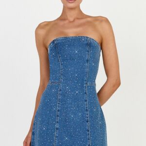 Showpo Marigold Mini Dress - Denim Strapless Diamante Mini Dress in Mid Blue Wash