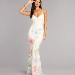 Melany Floral Sequin Lace-Up Formal Dress