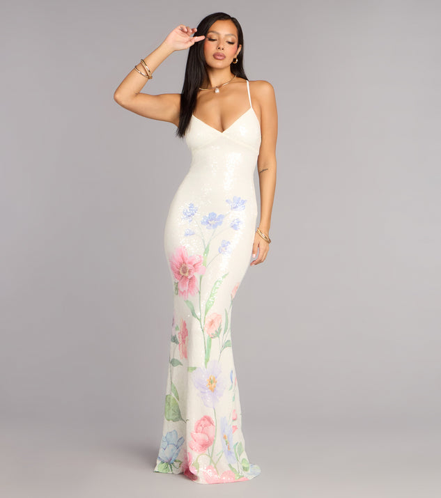 Windsor Melany Floral Sequin Lace-Up Formal Dress