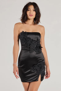 Meriah Floral Applique Satin Strapless Mini Dress Meriah Floral Applique Satin Strapless Mini Dress