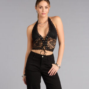 Midnight Desire Lace Up Halter Crop Top