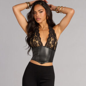 Midnight Mood Lace And Faux Leather Corset Top